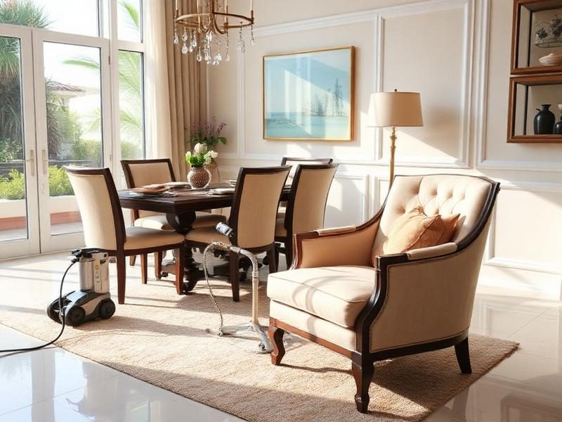 Dining chair with an upholstered seat and a cleaning machine in a living room