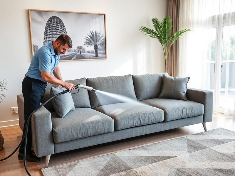 Technician cleaning a grey three-seat sofa with an upholstery wand
