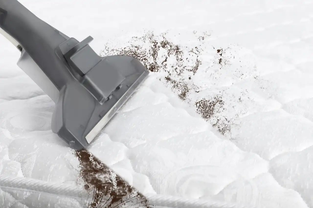 Cleaning wand on a mattress with a strip of lifted dirt