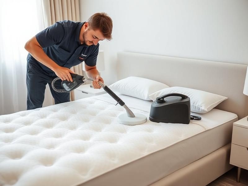 Technician cleaning a bare mattress on a bed frame with a hand tool
