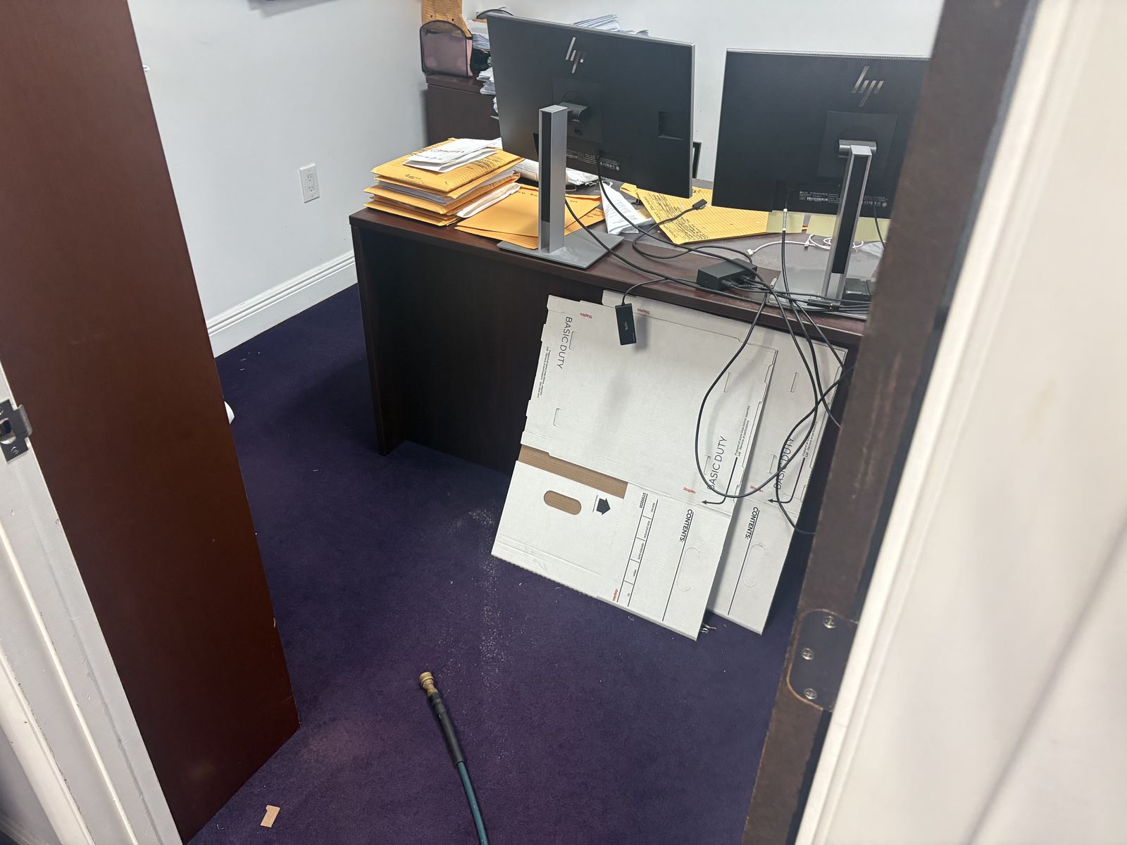 Cleaning hose on a purple office carpet during the job